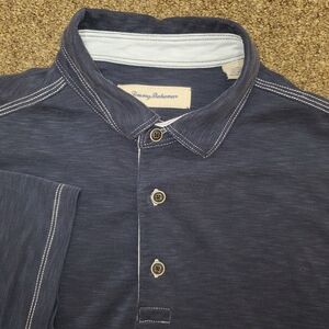 Tommy Bahama Mens Large Polo Shirt Navy Blue Short Sleeve Marlin Modal Polyester